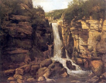Lake Pond Waterfall Painting - Landscape with Stag waterfall landscape Gustave Courbet
